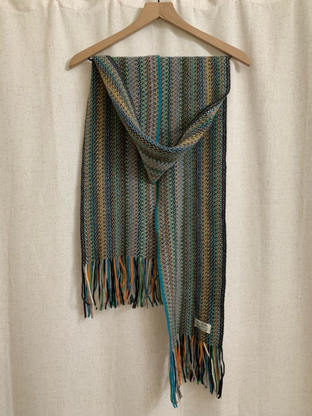Johnstons of Elgin 100% Lambswool Scotland Striped Multicolor Knit Scarf Fringe